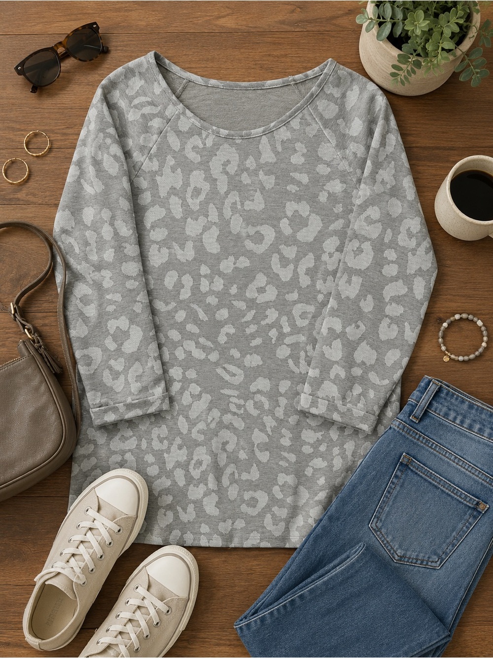 Buddy Basics Gray Leopard Print Mini Dress Long Sleeve Boutique Size Large NWT